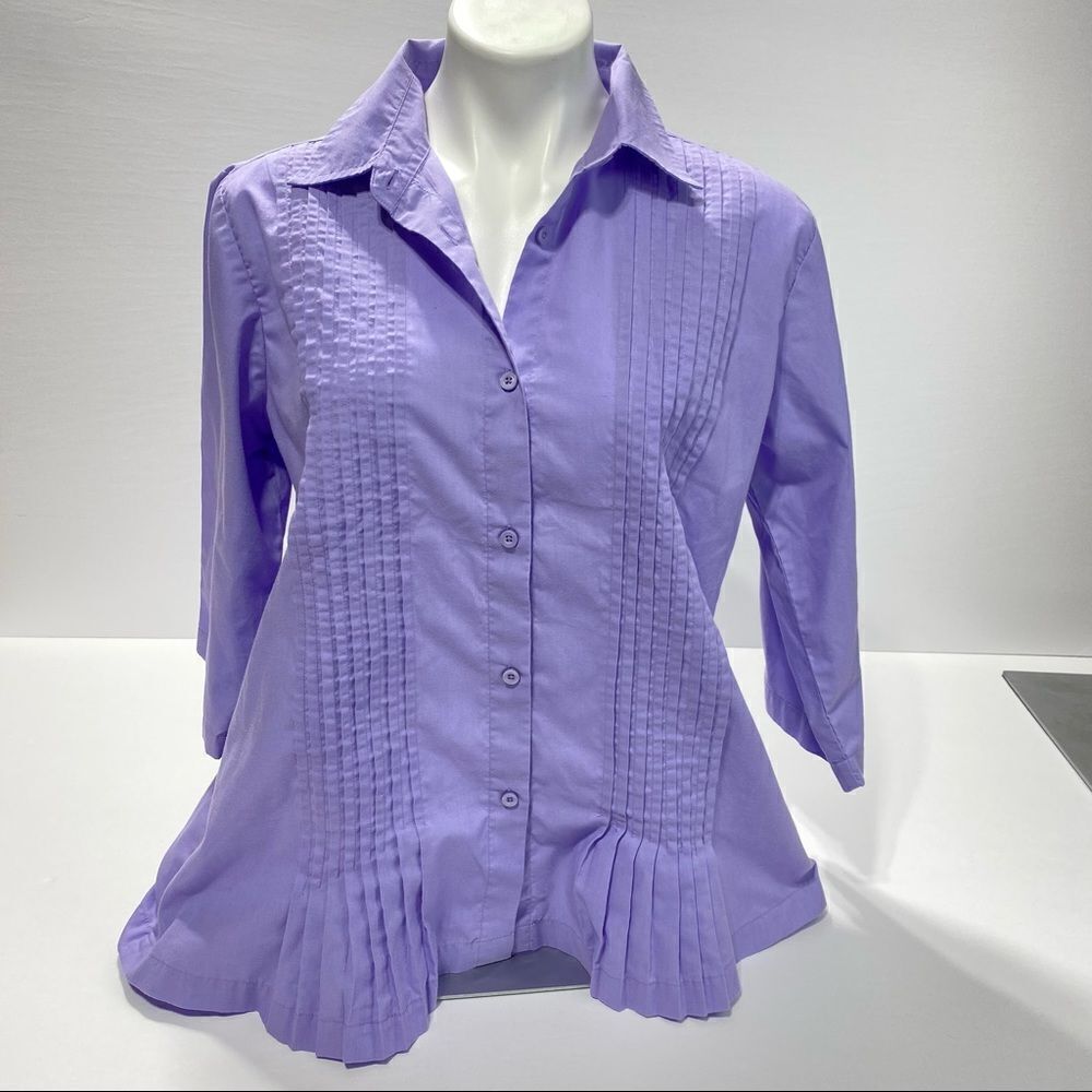 American Sweetheart Brand Shirt Purple Pleated Button Front Blouse